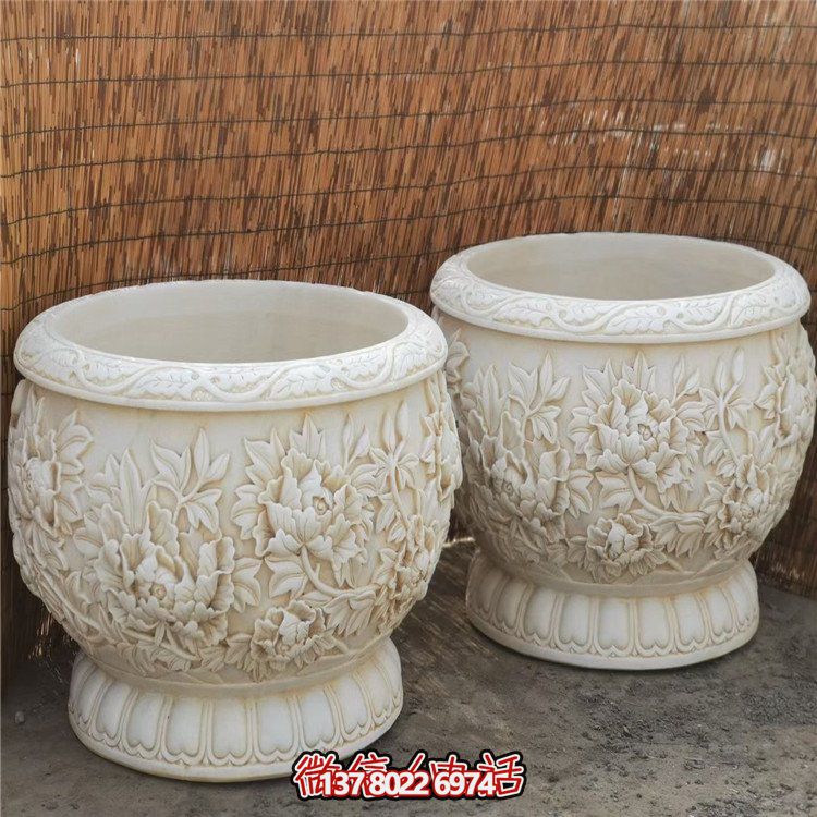 漢白玉浮雕荷花養魚缸，精美庭院裝飾戶外中式花盆