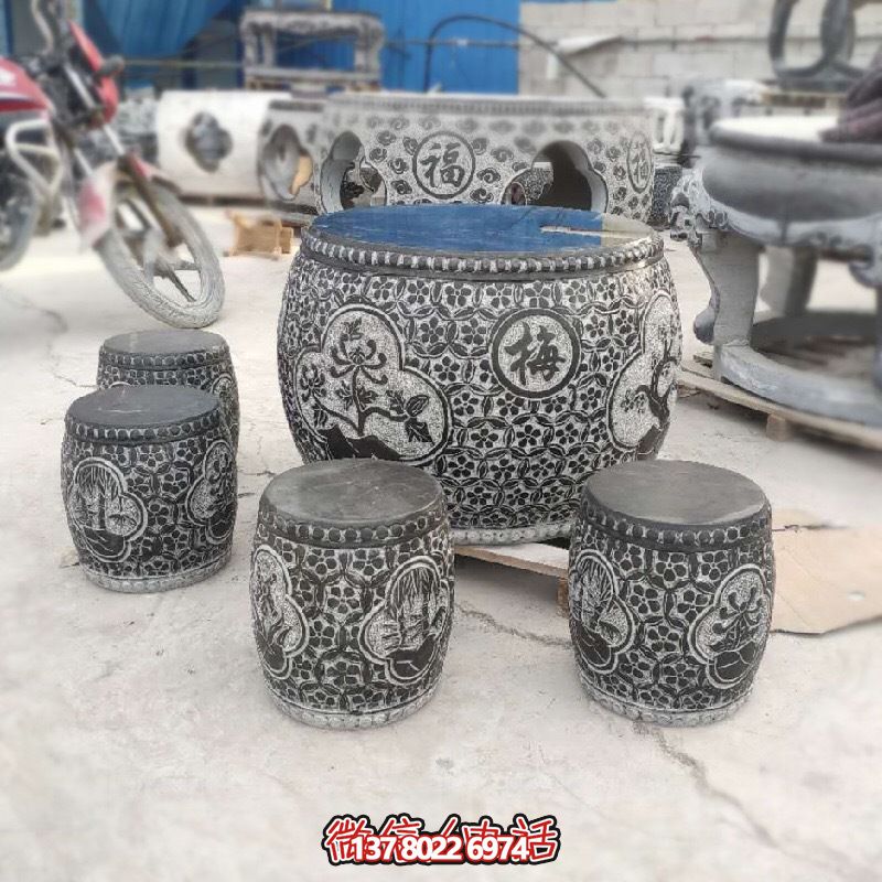 梅蘭菊竹浮雕石桌石凳，休閑庭院圓形裝飾