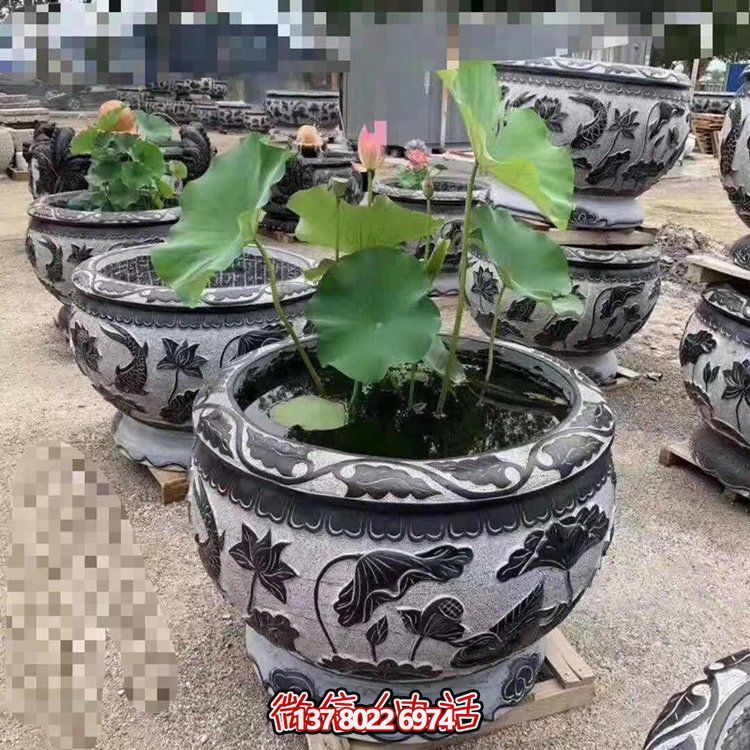 經典荷花石雕浮雕圓形水缸，裝點您的庭院