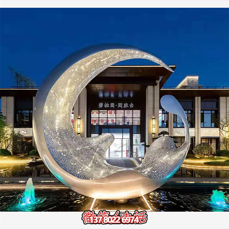 不銹鋼月亮水滴雕塑，透光水景裝飾雕塑